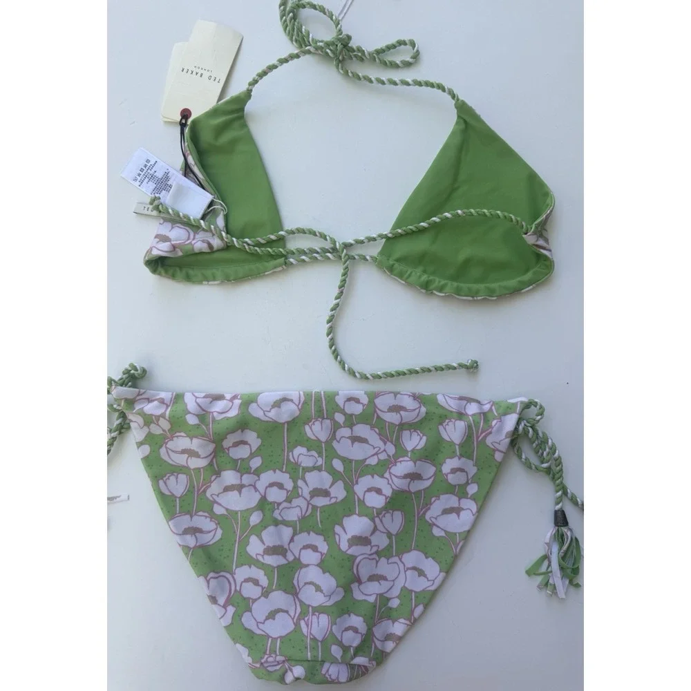 Ted Baker Reversible Bikini Set 0 XS Green Floral Braided Tassel Swimsuit NWT